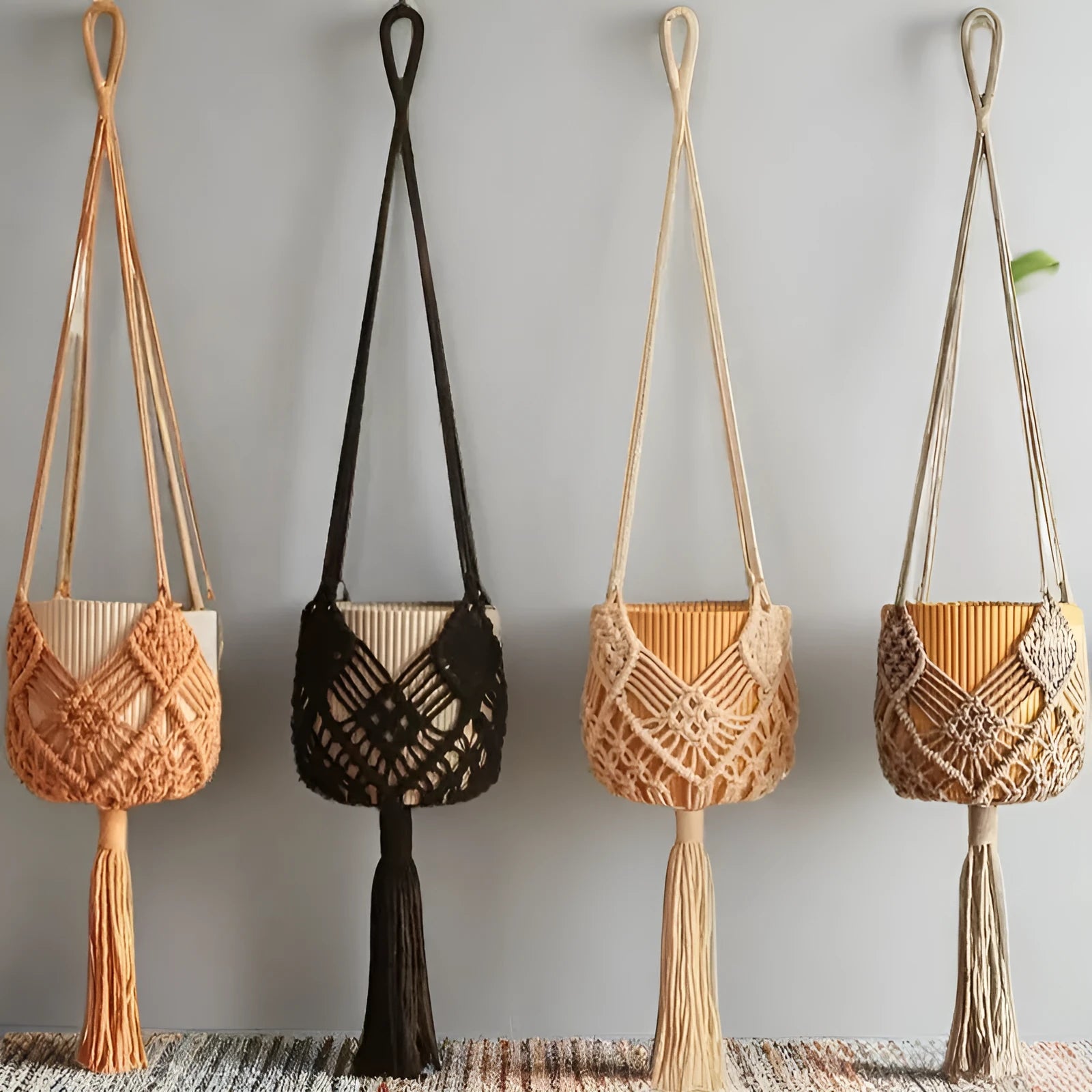 Hand-woven flower pot with net pocket extension cord in various colour options