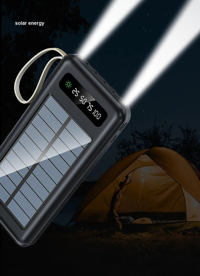 Cool black and ivory white solar power bank showing integrated solar panel and compact 144mm x 68mm dimensions.