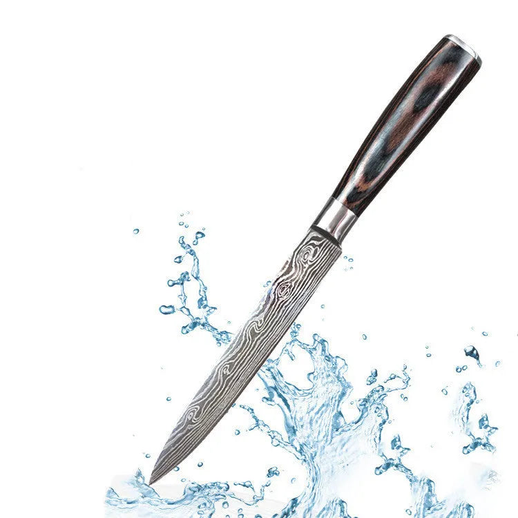 7Cr17 stainless steel kitchen knife with Damascus pattern blade and coloured wood handle on a cutting board.