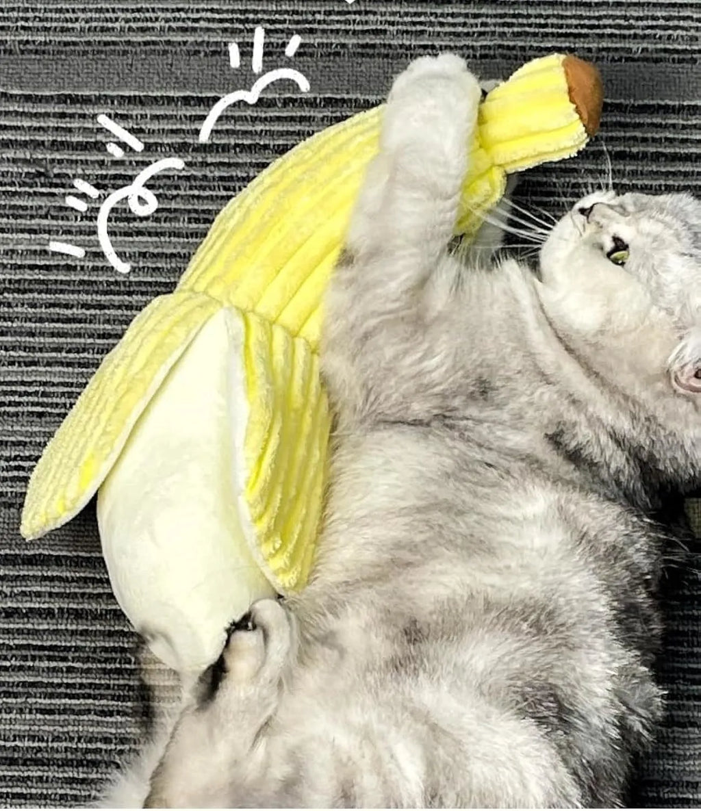 Yellow banana-shaped cat toy with plush fabric and crinkle sound feature