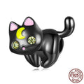 925 silver moon cat charm bead with black gold plating, height 1.6 cm, hole 0.45 cm