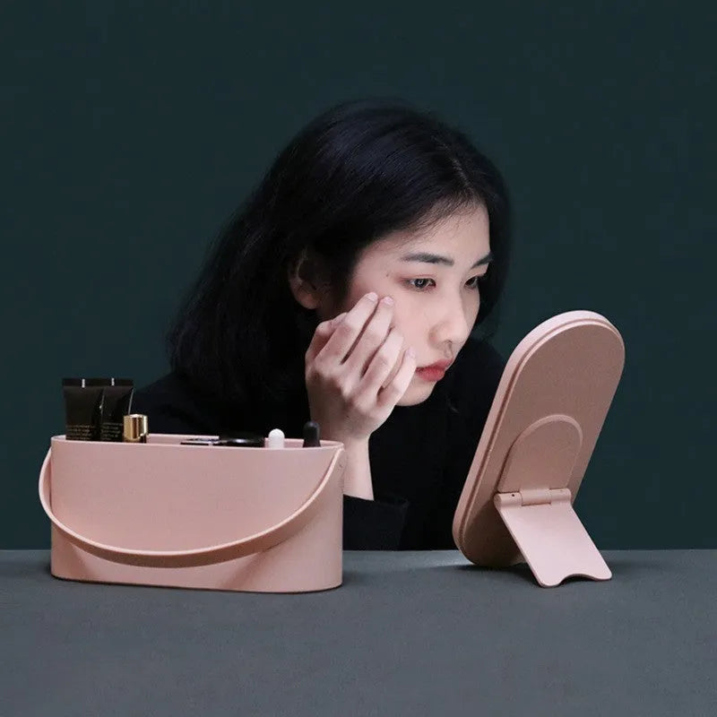 Portable LED light storage box makeup mirror in pink with aluminium lens