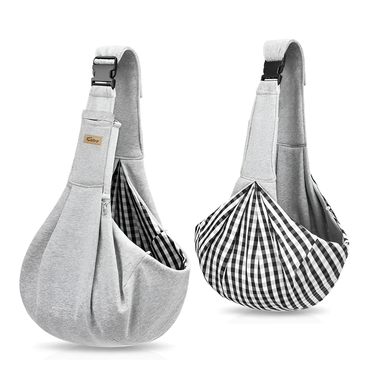 Light grey polyester pet sling carrier with cell phone pocket, worn around waist, holding a small dog