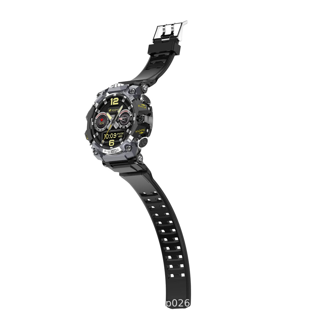 Waterproof smart watch with HD dual camera, black colour, touch screen display, showing step counting and blood oxygen detection features
