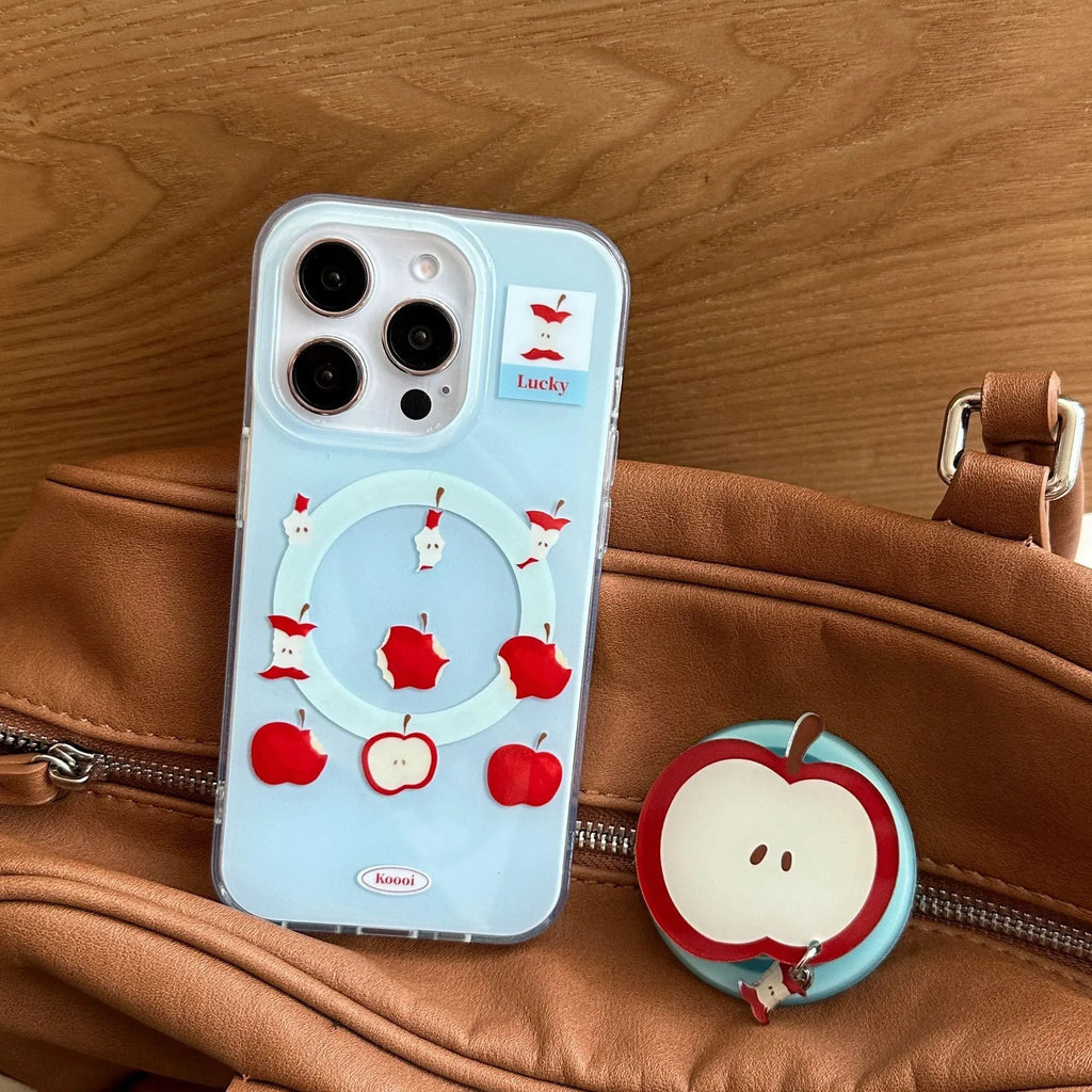 Magnetic phone case with blue bottom for Apple iPhone showing embossed finish and side view