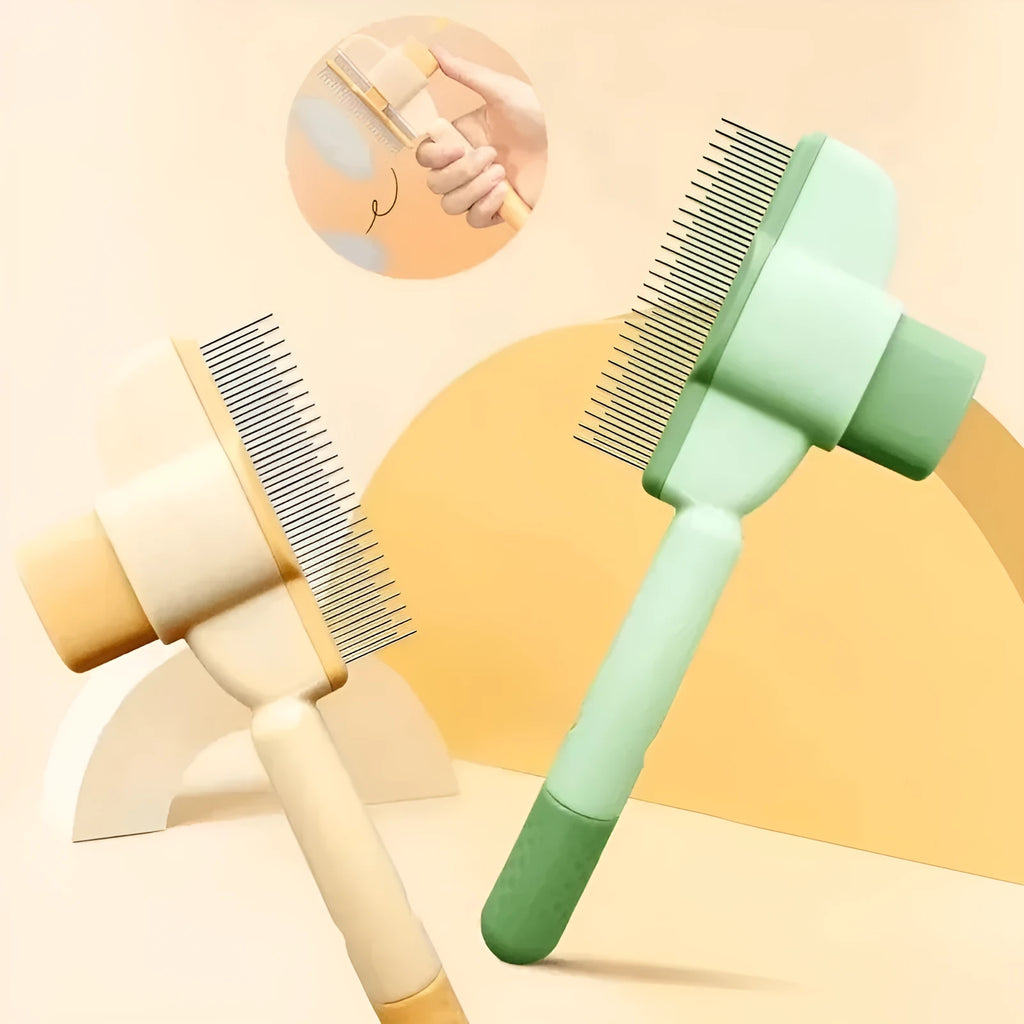 Green and yellow pet grooming brush with one-click hair removal and anti-mite function for dogs