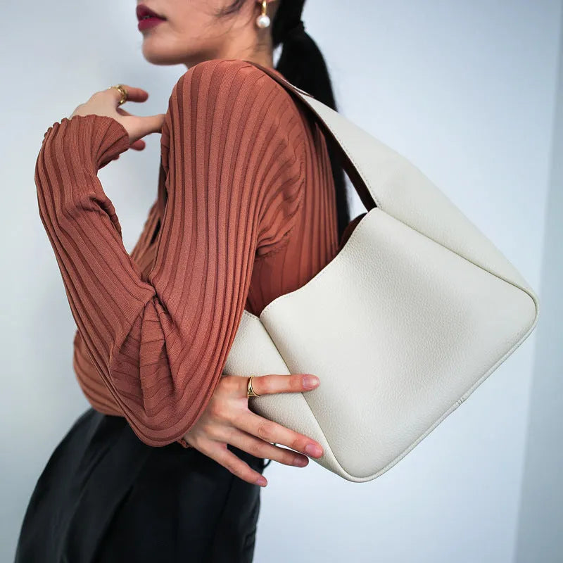 Top layer cowhide genuine leather women's shoulder bag in camel colour, horizontal square shape with sewing thread detail