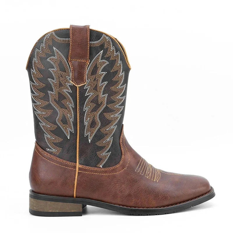 Men's Western denim square toe motorcycle boots in retro style with low wedge heel and artificial leather upper