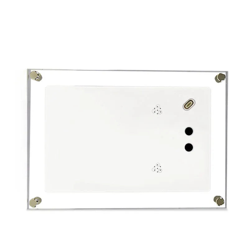 White acrylic digital photo frame with 5-inch vertical screen showing family photos