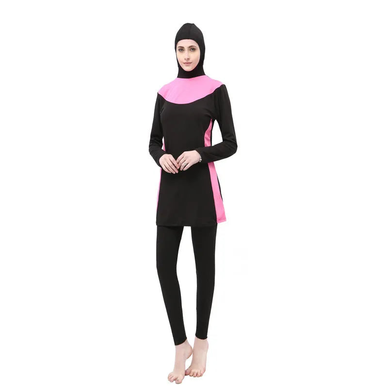 Conservative women's hooded swimsuit with long sleeves in black and rose red.