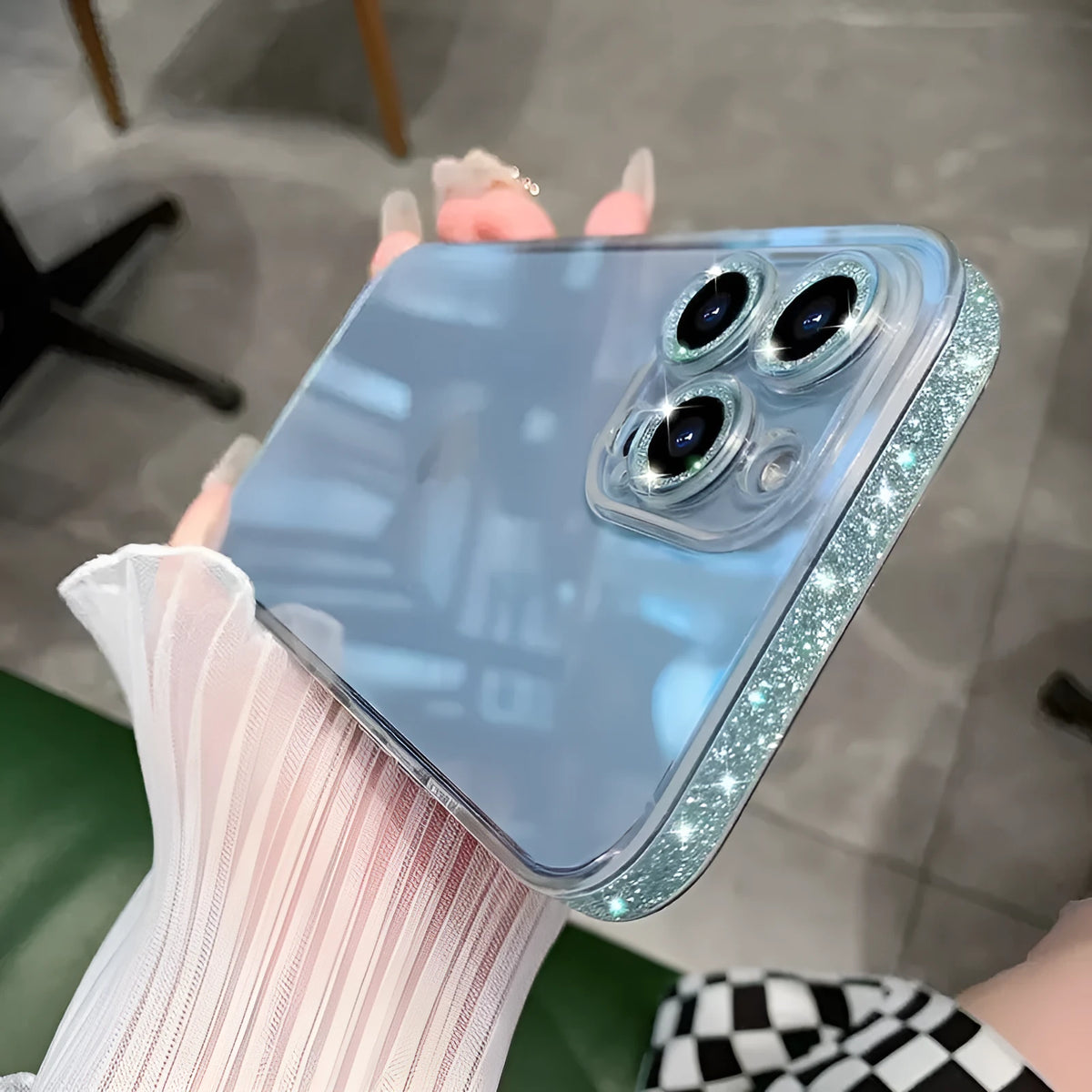 Transparent tempered glass phone case with glitter frame for iPhone, back cover view