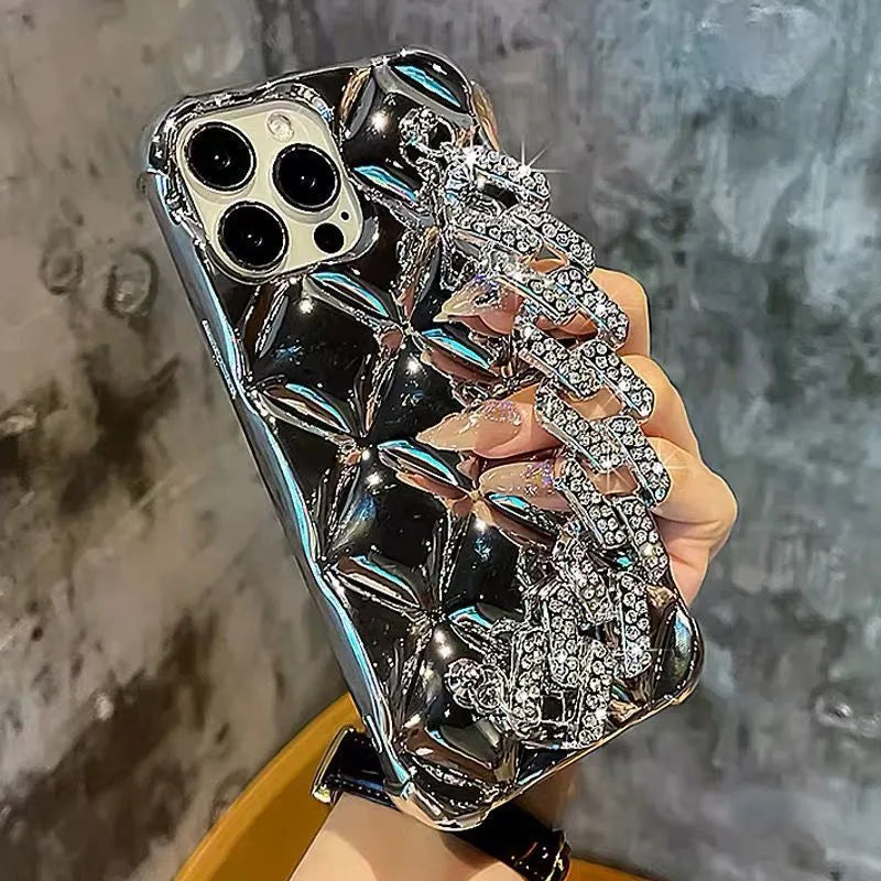iPhone case with attached luxury diamond bracelet chain in silver or gold colour with flash diamond lock