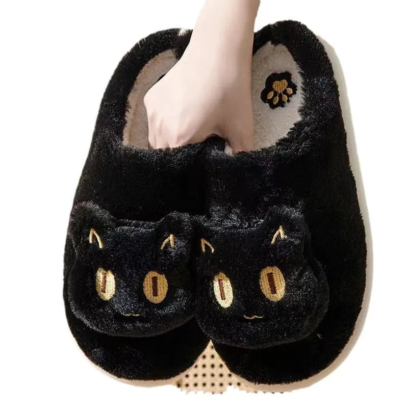 Cotton cat slippers with plush cat face design, memory foam insole, suede upper, available in multiple colours.