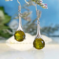 Olive green topaz drop earrings with water drop shape and electroplated alloy construction