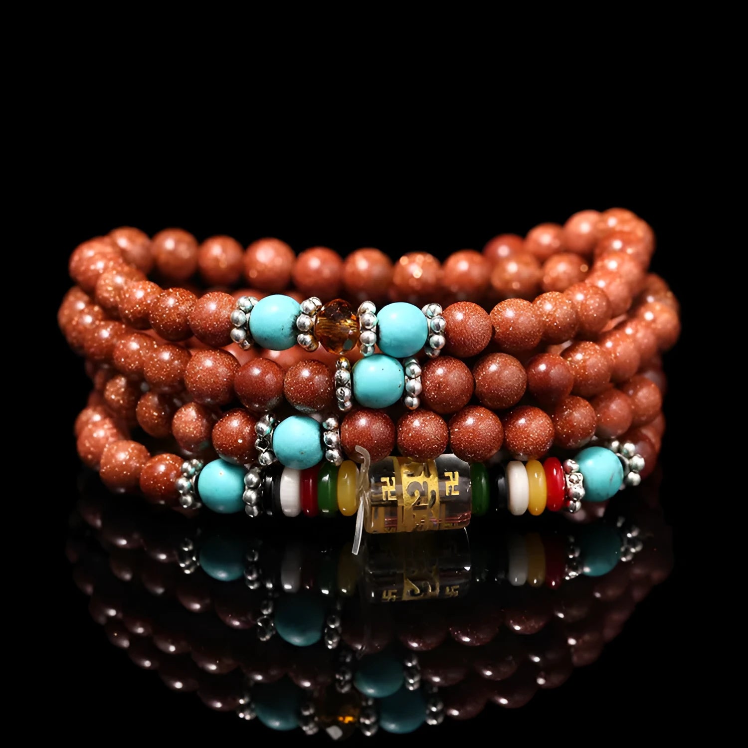 Golden Star Stone multi-circle mantra bracelet with 108 nugget sand beads and fu character design
