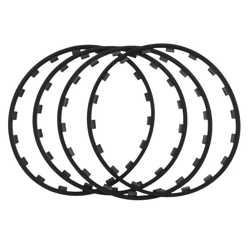 Set of four coloured nylon wheel hub guard rings for alloy wheel protection.