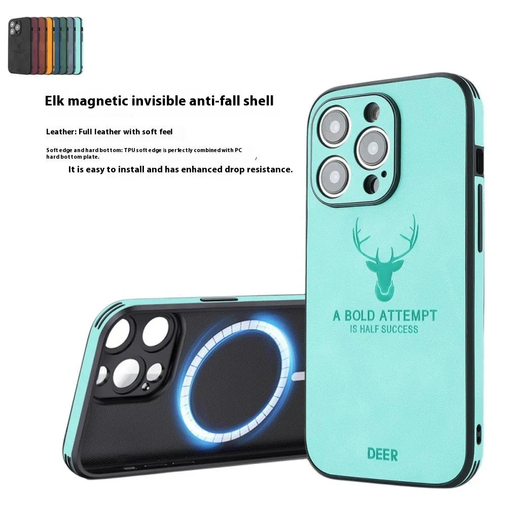 iPhone 16 magnetic charging case with embossed moose head design in imitation leather material