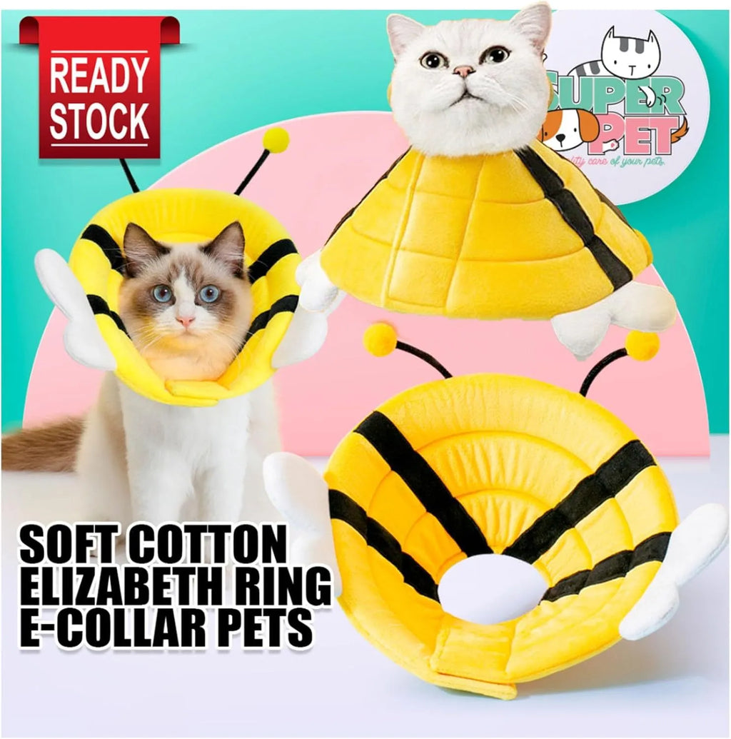 Soft bee-shaped cat cone collar with Velcro closure in adjustable sizes for post-surgery recovery
