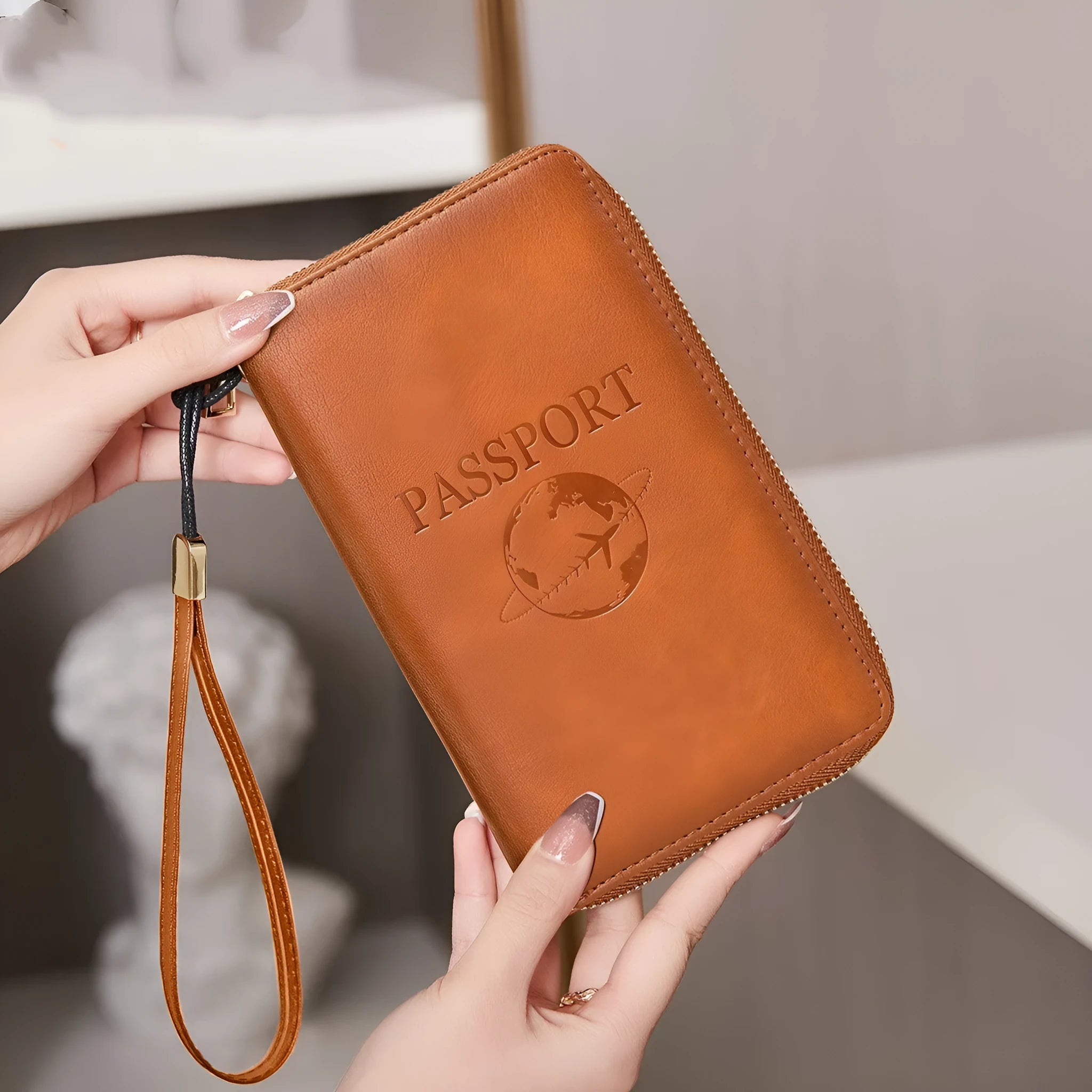 Brown PU leather travel document wallet with credit card slots and letter design, shown with a passport.