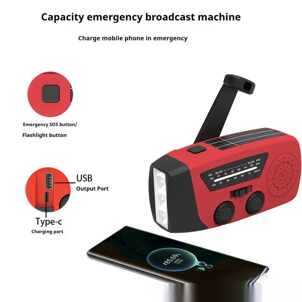 Red rechargeable emergency radio torch with flashlight, measuring 13.3 x 6.3 x 5.2 cm with wrist strap