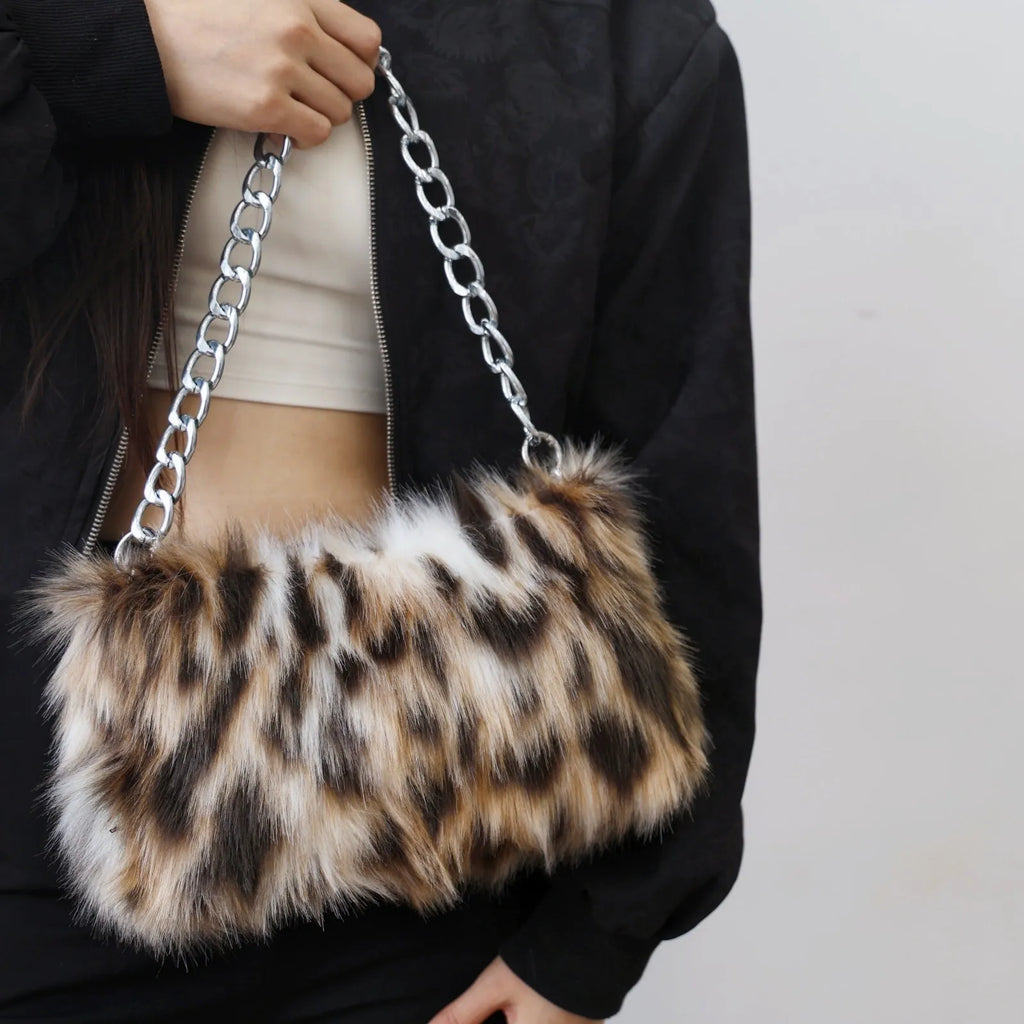 Plush underarm shoulder chain bag in brown colour matching, horizontal square shape with chain strap, 28x8x40cm