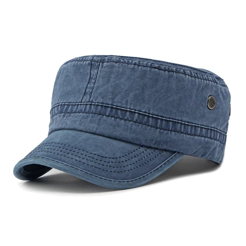 Flat top military style cotton cap shown in army green colour with an adjustable back strap.