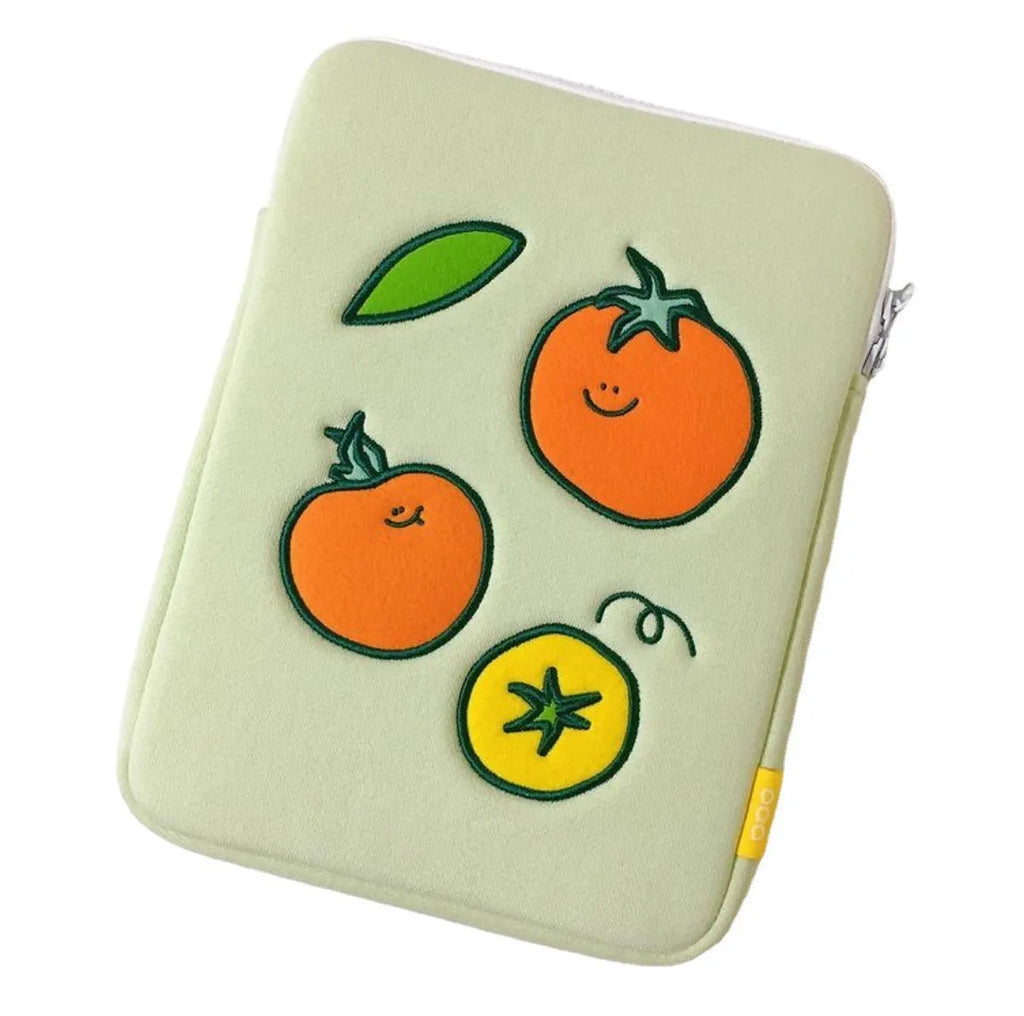 Tomato-coloured cotton cloth tablet inner bag with embroidered tomato design, for 11 inch and 15 to 15.6 inch devices