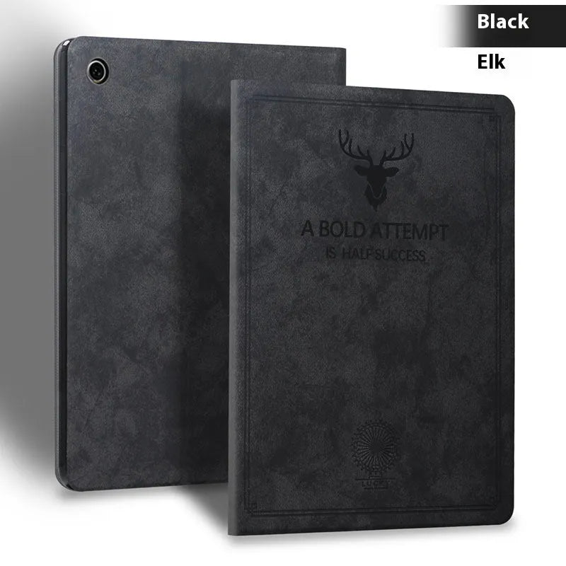 Soft TPU leather clamshell protective case for iPad shown in Black Elk colour, closed.