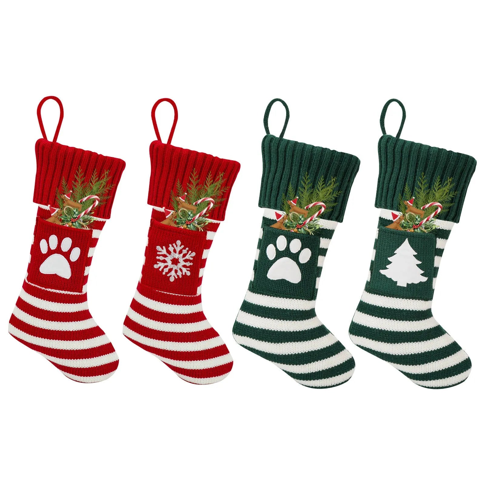Knitted Christmas cat and dog socks gift bag in red dog's paw colour, with festive knit pattern
