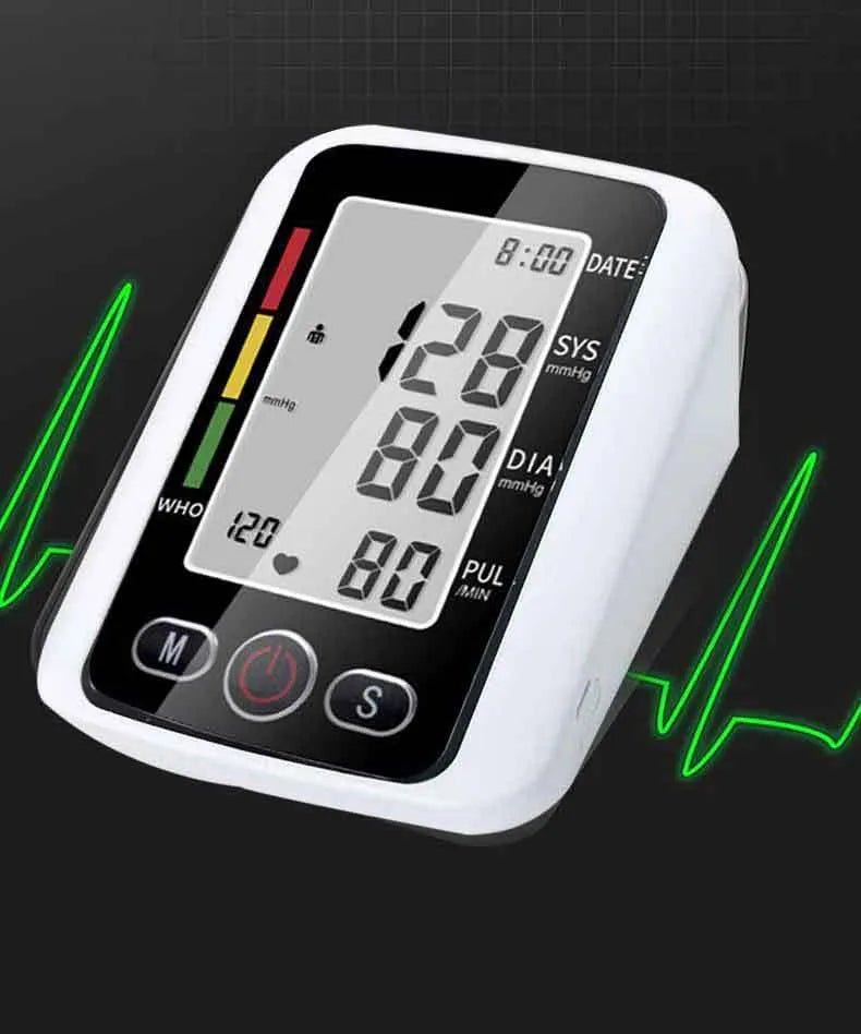 Automatic arm blood pressure monitor with large screen display on a table.