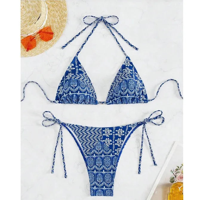 Women's bandage style split bikini swimsuit with stitching and printing details in multiple colour options