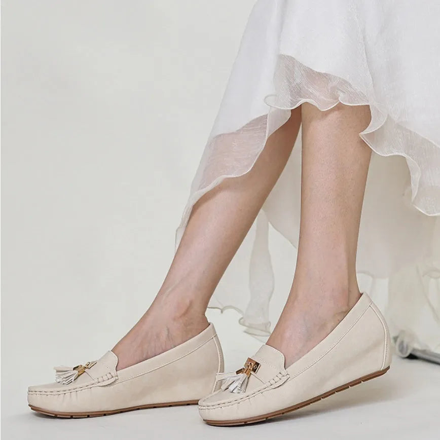 Flat heel increasing insole casual work shoe covers in beige, black, blue and brown with round toe.
