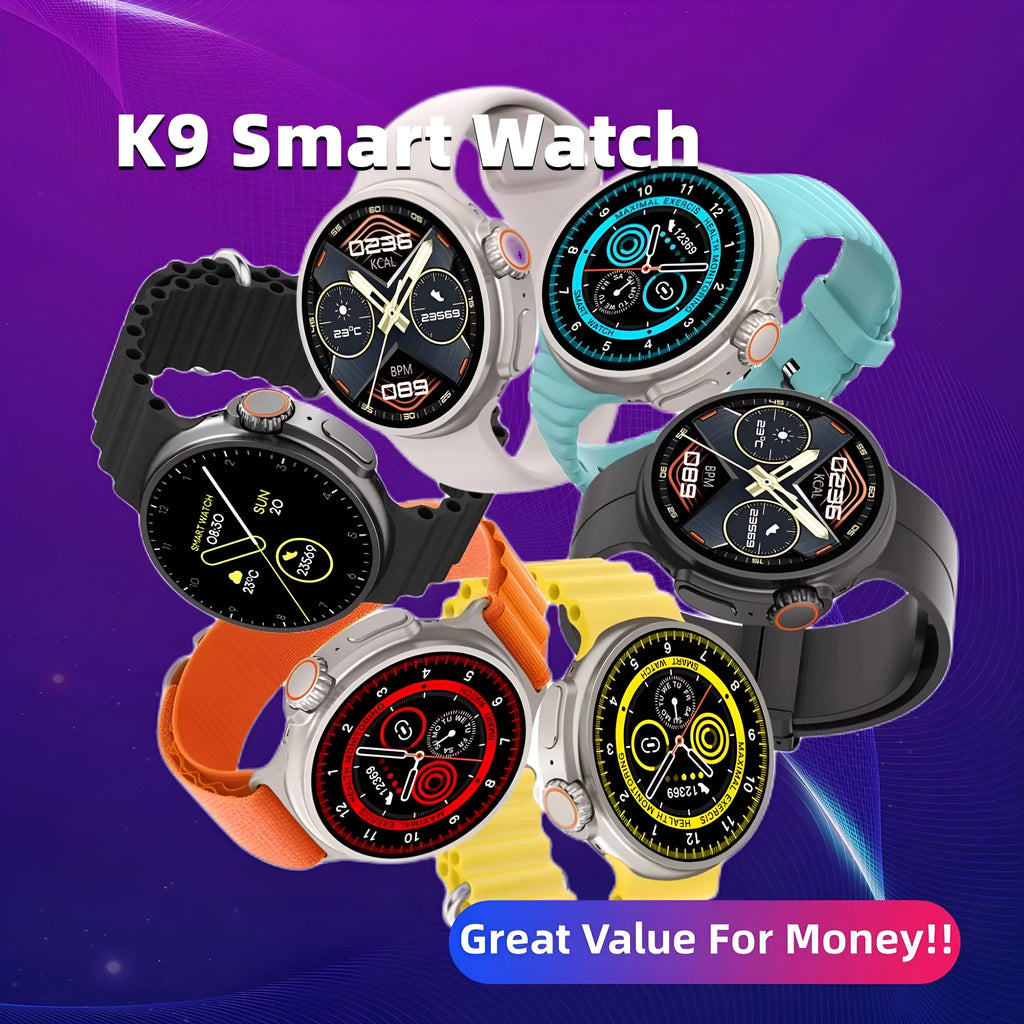 K9 smart watch in black with 1.39 inch round screen on silicone strap, showing fitness data interface.