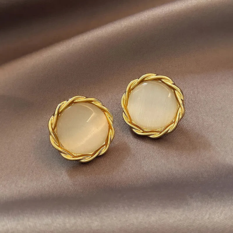 Opal cat's eye flower stud earrings in silver with geometric square and triangle design, Japanese Korean style
