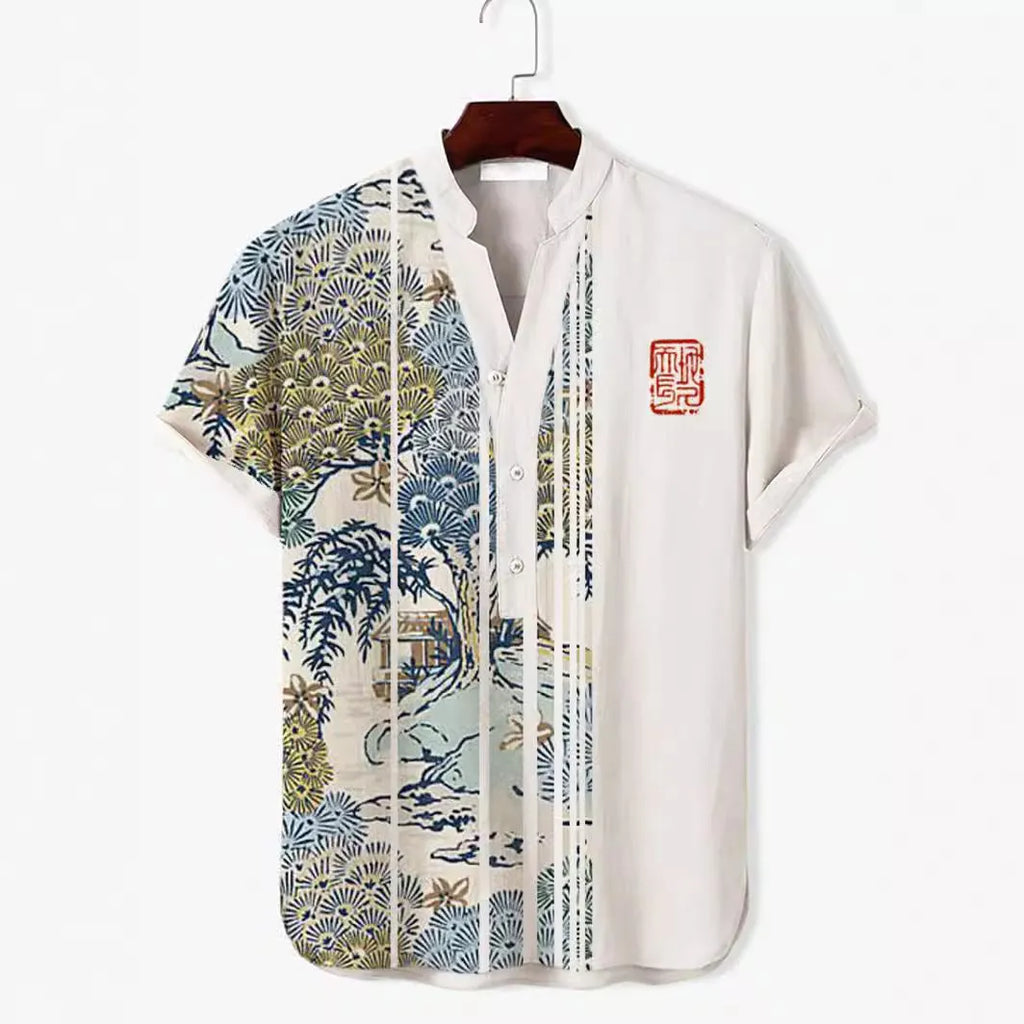 Men's short sleeve shirt featuring a detailed 3D digital animal pattern print on polyester fabric.