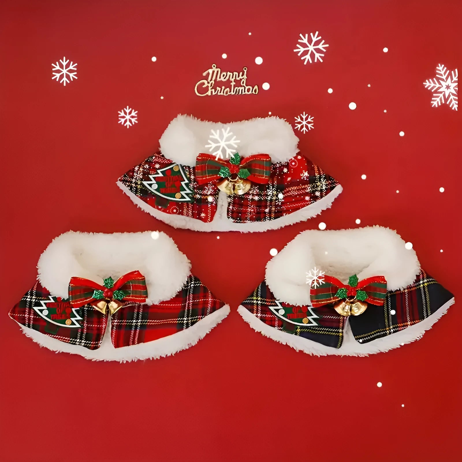 Pet warm scarf for cat or dog in festive red background design with bell motif, made from soft polyester.