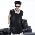 Men's black sleeveless t-shirt waistcoat with ripped irregular cutting detail and round neck collar