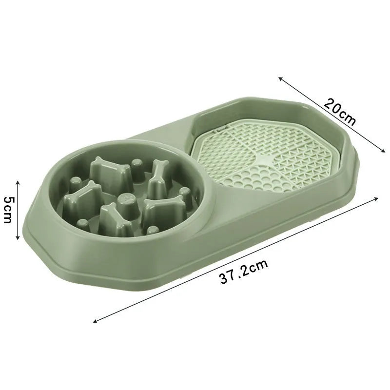 Blue green pink or yellow slow feeder dog bowl with puzzle channels and non-slip base