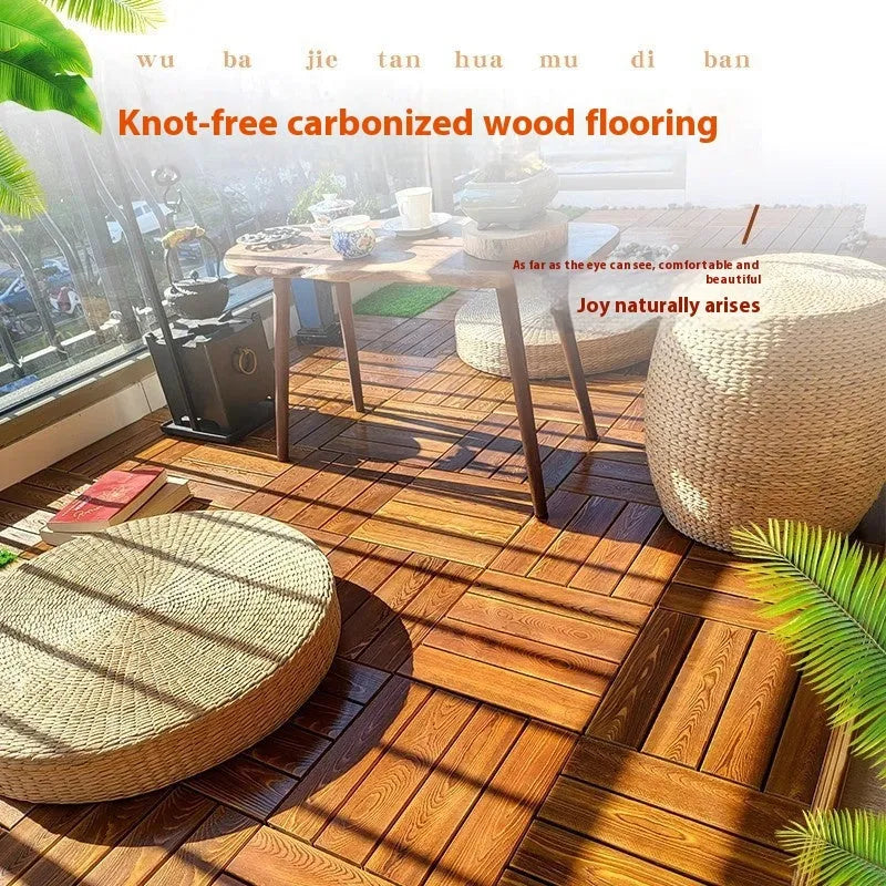 Square camphor pine wood flooring tile with brushed texture, 30x30cm, for balconies and patios.