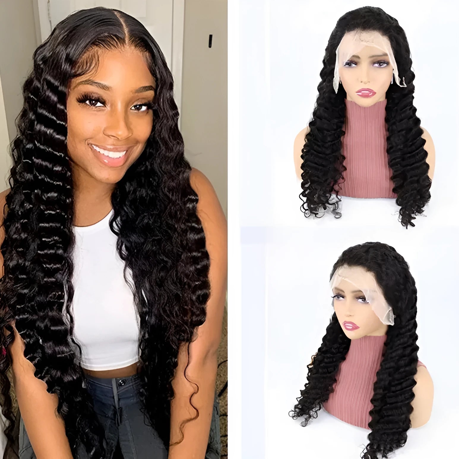Solid colour human hair wig with half lace front shown at various lengths