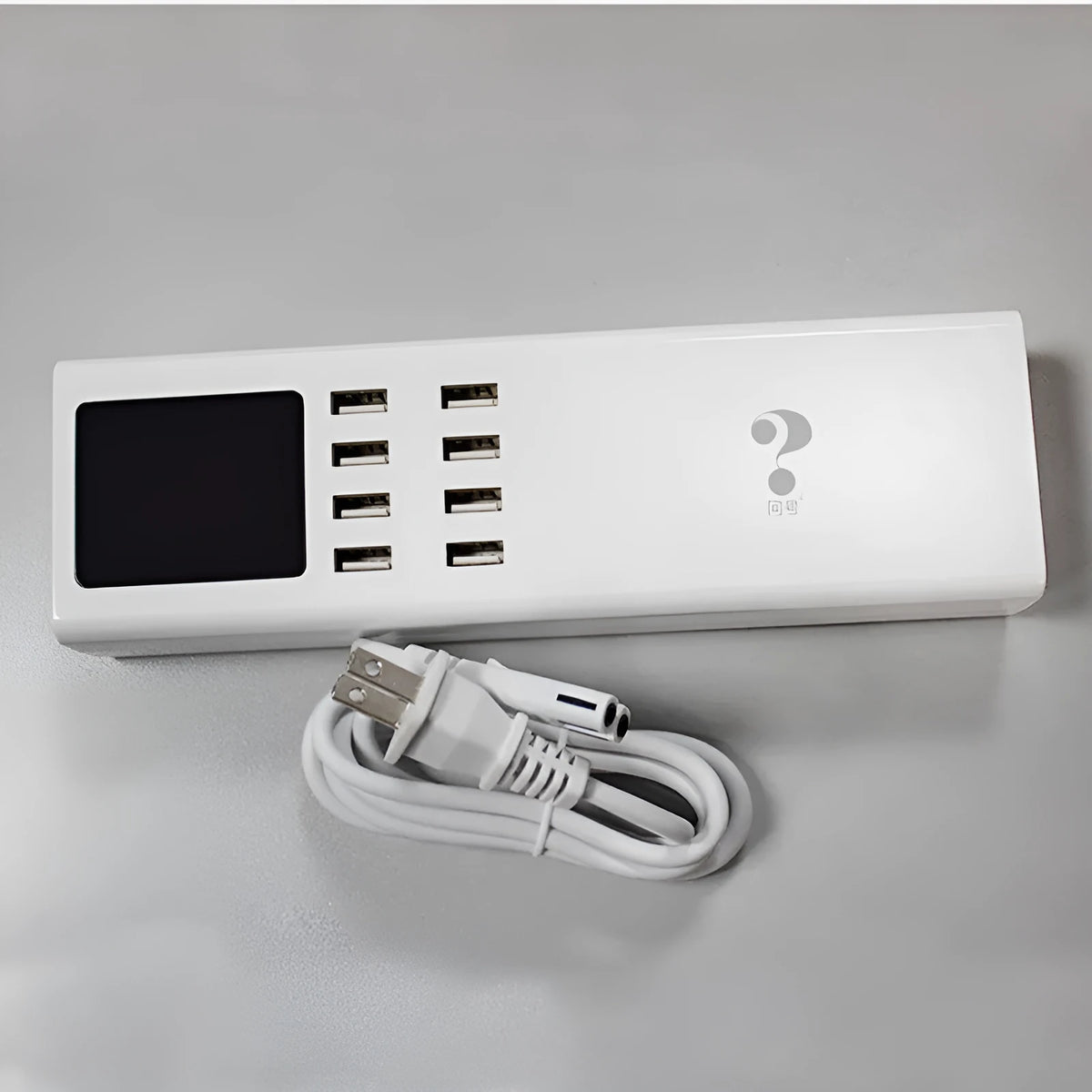 Smart multi-port USB charger in ceramic white, 220x67x39mm, with indication light and 1.5m cable