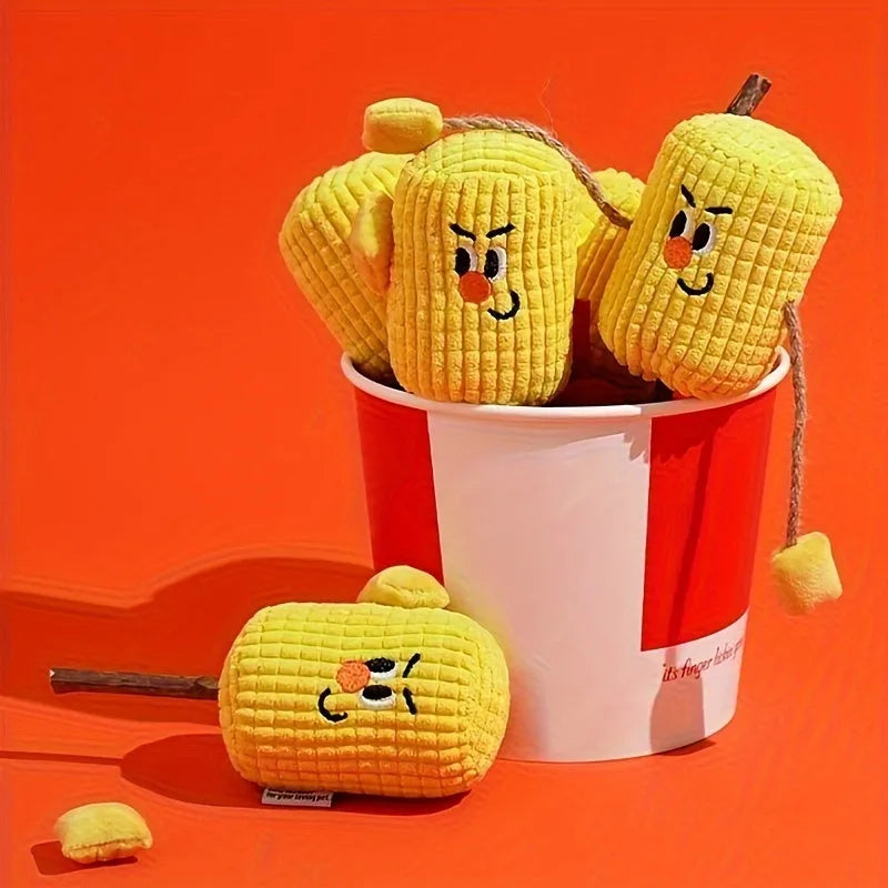 Natural corn cob and wood cat chew toy with catnip for dental hygiene, shown with dimensions 7cm by 6cm by 15cm.