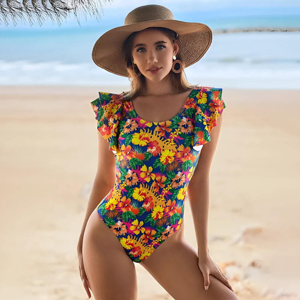 Women's one-piece swimsuit with U-shaped collar and lace trim in sleeveless polyester design