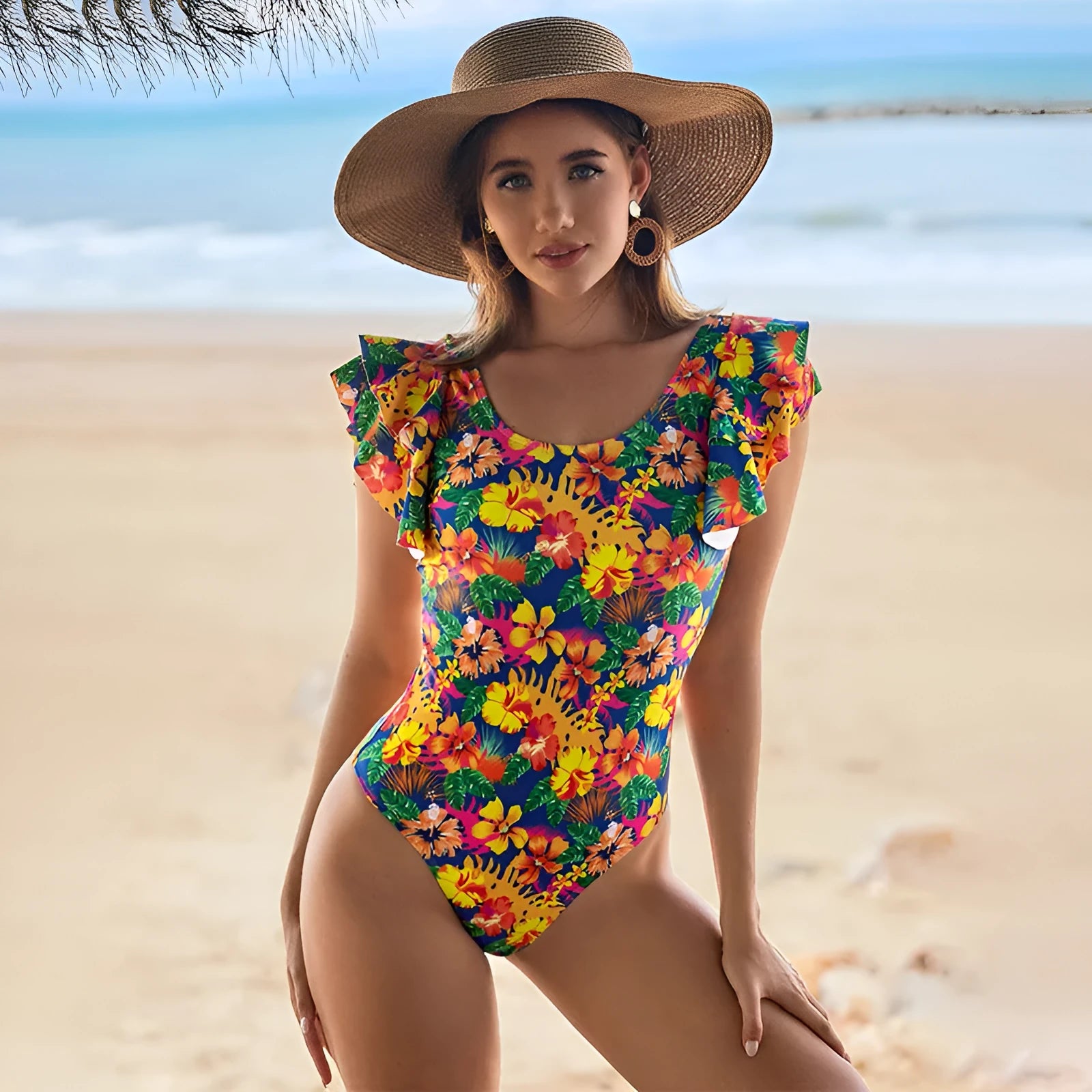 Women's one-piece swimsuit with U-shaped collar and lace trim in sleeveless polyester design