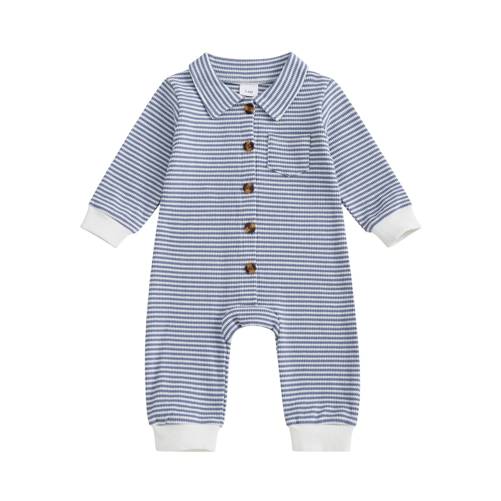 Babies' front open single-breasted knitted long sleeve jumpsuit in waffle cotton, light blue colour