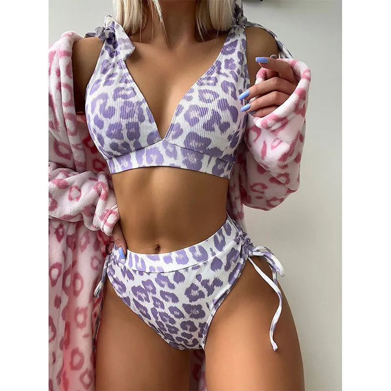 Women's sleeveless lace-up chest cover high waist suit in purple leopard print on white background