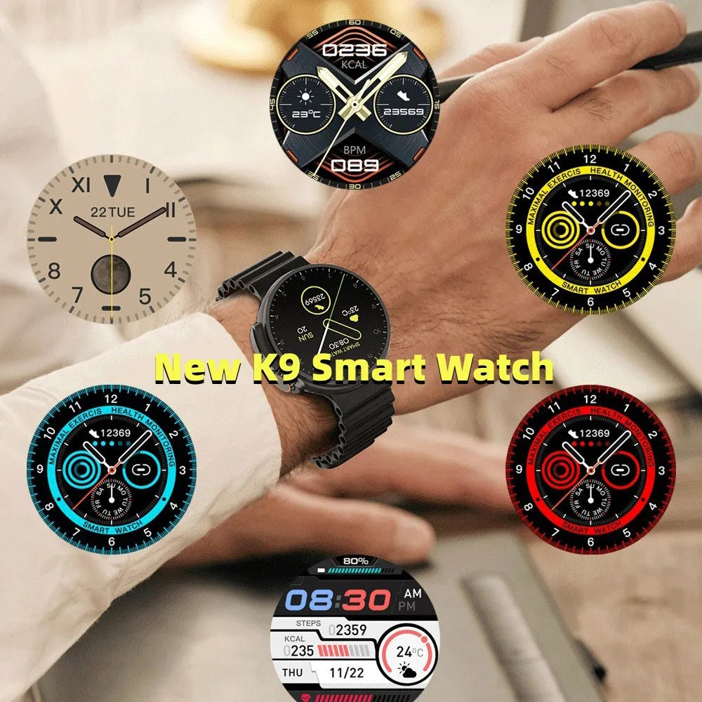 K9 smart watch in black with 1.39 inch round screen on silicone strap, showing fitness data interface.