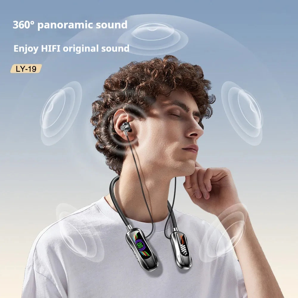Neck-mounted Bluetooth headset in gun gray with digital display, ABS TPE body and neck-hanging sports design