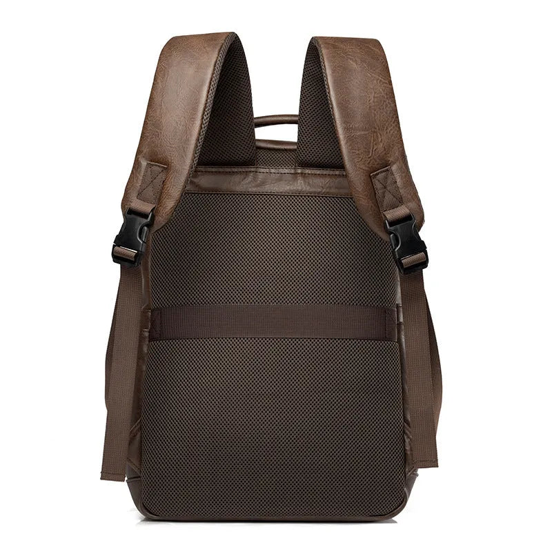 Men's casual business backpack in solid colour, black PU leather, urban simplicity style for travel