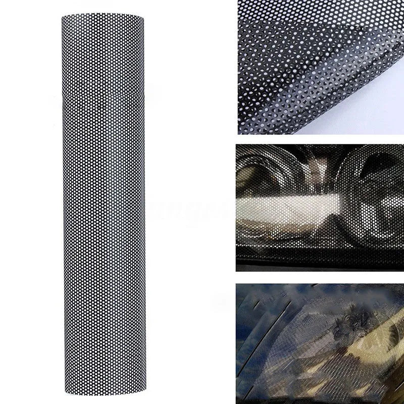 Large sheet of perforated mesh-style automotive vinyl film for car body colour modification.